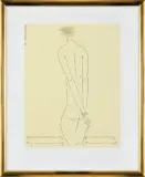 AKT ZE SKRĘPOWANYMI RĘKAMI by Jerzy Nowosielski, 1993, tusz, pióro, druk, papier, sold Jun 2019