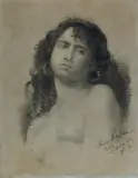 Anna Bilińska - Bohdanowiczowa, PORTRET MODELKI – CYGANKA, 25 XI 1882, kredka czarna i biała, papier żeberkowy z monogram