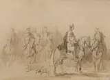 Piotr Michałowski, POWSTAŃCY Z 1831 r. ODDZIAŁ KRAKUSÓW, tusz lawowany, ołówek, papier naklejony na tekturę