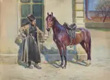 Marian (Mariusz) Adamczewski, CZERKIES Z KONIEM, 1914, akwarela, gwasz, ołówek, pastel, karton