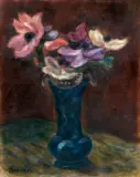Józef Pankiewicz, ANEMONY W NIEBIESKIM FLAKONIE, ok. 1925, olej, płótno naklejone na karton