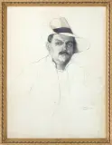 Zofia Atteslander, PORTRET MĘŻCZYZNY W KAPELUSZU, 1909, kredka, papier naklejony na tekturę