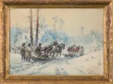POWRÓT Z POLOWANIA, OK. 1950 by Władysław Chmieliński, gwasz, akwarela, ślady ołówka, papier, sold Apr 2019