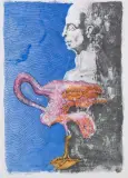 KOMPOZYCJA Z FLAMINGIEM by Jan Lebensztejn, litografia barwna, karton, sold Mar 2019