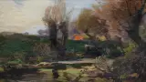 Roman Kochanowski, PEJZAŻ Z CZERWONYM DACHEM, olej, tektura