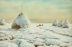 Henryk Weyssenhoff, ŚNIEG. STOGI POD ŚNIEGIEM, po 1894, akwarela, papier