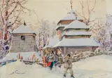 PO NABOŻEŃSTWIE by Stanisław Gibiński, przed 1939, akwarela, papier, offered Mar 2019