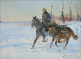 PATROL. UŁAN Z LUZAKIEM by Jerzy Kossak, 1935, olej, sklejka, sold Mar 2019