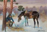 UŁAN Z KONIEM PRZY OGNISKU by Jerzy Kossak, 1933, olej, tektura, sold Mar 2019
