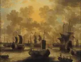 Peter van de Velde, ŻAGLOWCE I ŁODZIE W ZATOCE, 1704, olej, płótno