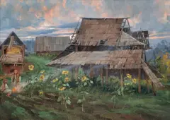 Stanisław Jankowski, CHATY NA UKRAINIE, 1913, olej, tektura
