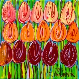POMARAŃCZOWE TULIPANY by Edward Dwurnik, 2017, akryl, płótno, sold Jan 2019