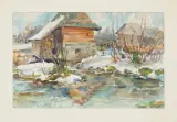 Sergiusz Grudkowski, CHATY NAD STRUMIENIEM, akwarela, papier