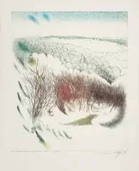 Leszek Rózga, PEJZAŻ MAJOWY Z KRZEWINĄ, 1982, akwaforta kolorowana, papier
