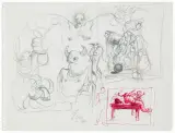 KARTKA ZE SZKICOWNIKA: SZKICE SCEN I POSTACI, 1 by Franciszek Starowieyski, ołówek, akwarela, długopis, papier, sold Jan 2019