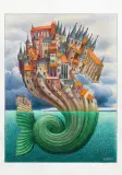 LEWIATAN UDOMOWIONY by Jacek Yerka, 2018, kredki, ołówek, karton, sold Jan 2019