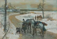 Jan Perdzynski, PRZED POLOWANIEM. CZEKAJĄC NA PANÓW, 1901, akwarela, gwasz, ołówek, karton