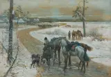 Jan Perdzynski, PRZED POLOWANIEM. CZEKAJĄC NA PANÓW, 1901, akwarela, gwasz, ołówek, karton