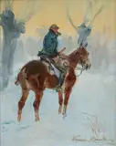 UŁAN NA ZIMOWYM PATROLU by Wojciech Kossak, 1925, olej, płótno naklejone na tekturę, sold Dec 2018
