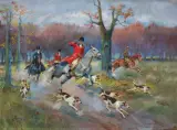 POLOWANIE PAR FORCE by Jerzy Kossak, 1941, olej, tektura naklejona na tekturę, sold Dec 2018