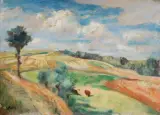 PEJZAŻ Z SAMOTNYM DRZEWEM – MOTYW Z KALWARII by Wojciech Weiss, olej, płótno naklejone na tekturę, sold Dec 2018