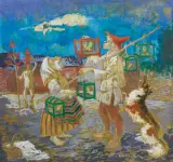 Eliasz Kanarek, PTASZNIK I KAPELUSZNIK, PO 1940, technika własna: enkaustyka, płyta spilśniona
