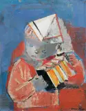 PORTRET CHŁOPCA Z HARMONIĄ by Rajmund Kanelba, olej, płyta gipsowana, sold Dec 2018