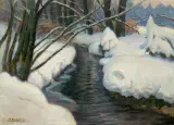 Józef Chlebus, STRUMIEŃ W ŚNIEGU, olej, tektura