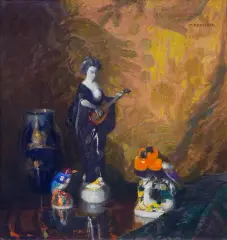 Max Dürschke, MARTWA NATURA Z PORCELANOWĄ FIGURKĄ, olej, płótno