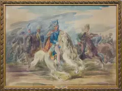 KSIĄŻĘ JÓZEF PONIATOWSKI NA KONIU by Eugeniusz Geppert, akwarela, ołówek, kredka, karton, sold Nov 2018