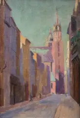 Jerzy Karszniewicz, KOŚCIÓŁ MARIACKI Z ULICY FLORIAŃSKIEJ, olej, płyta