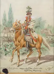 Krakowiak na koniu by Juliusz Kossak, akwarela, gwasz, papier na klejony na tekturę, sold Nov 2018