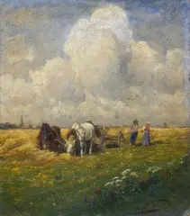 Conrad Wimmer, W polu przy żniwach, olej, tektura
