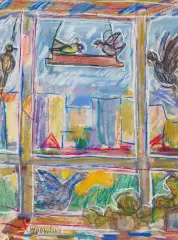 Jan Wodyński, ZA OKNEM PTAKI, pastel, papier