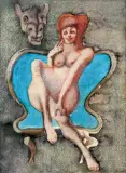 Jan Lebensztejn, KOBIETA W FOTELU, 1969, akwarela, gwasz, pastel, tusz, pióro, papier