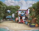 LETNIA KUCHNIA – Z CYKLU KIESZONKOWA DŻUNGLA by Jacek Yerka, akryl, płótno, sold Oct 2018