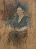 Olga Boznańska, PORTRET PANI W CIEMNEJ SUKNI, olej, tektura