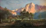 Ferdinand Feldhütter, PEJZAŻ ALPEJSKI O ZACHODZIE SŁOŃCA, olej, płótno