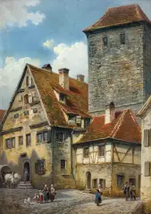 Paul Wilhelm Meyerheim, DOMY W ROTHENBURGU, olej, deska