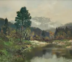 PEJZAŻ JESIENNY Z OŚNIEŻONYM SZCZYTEM by Josef Burger, olej, płótno, offered Jun 2018
