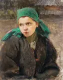 Teodor Axentowicz, DZIEWCZYNA W ZIELONEJ CHUŚCIE, olej, tektura
