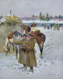 NA ZIMOWYM PATROLU by Jerzy Kossak, 1936, olej, płótno, sold Jun 2018