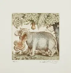 Peter Kľúčik, HIPOPOTAM, 2001, akwaforta barwna, papier kremowy