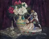 Carl Johan Nikolaus Piepho, PORCELANOWA FIGURKA I RODODENDRON, olej, płótno
