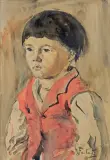 CHŁOPCZYK W CZERWONYM SERDACZKU by Julian Fałat, akwarela, papier, sold Mar 2018