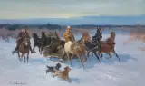 POWRÓT Z POLOWANIA Z ŁOSIEM by Czesław (I. Zygmuntowicz) Wasilewski, olej, płótno, sold Mar 2018