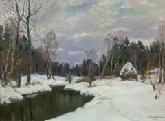 Stefan Domaradzki, PEJZAŻ ZIMOWY Z OKOLIC PORZECZA NA POLESIU, 1937, olej, płótno