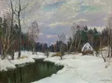 Stefan Domaradzki, PEJZAŻ ZIMOWY Z OKOLIC PORZECZA NA POLESIU, 1937, olej, płótno