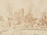 Marian Jaeschke, Widok Bambergu z wieżą kościoła farnego, 1945, tusz pióro, papier