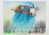 Wiosenny deszczyk by Jacek Yerka, 2017, kredki, ołówek, karton, sold Jan 2018